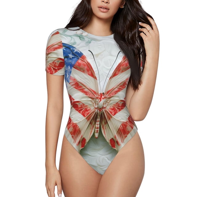 Saiise Motif Floral Papillon Patriotique Grenouillère à Manches Courtes Col Rond Pyjama Extensible avec Fermeture à Pression-Petit