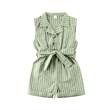 

wdehow Baby Girls Romper with Belt Stripe Sleeveless One-piece Bodysuit Wide Leg Turn-down Collar Jumpsuit