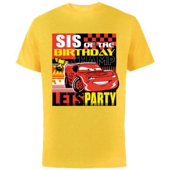 Disney and Pixar’s Cars Sis of the Birthday Champ Party - Short Sleeve Cotton T-Shirt for Adults - Customized-Yellow