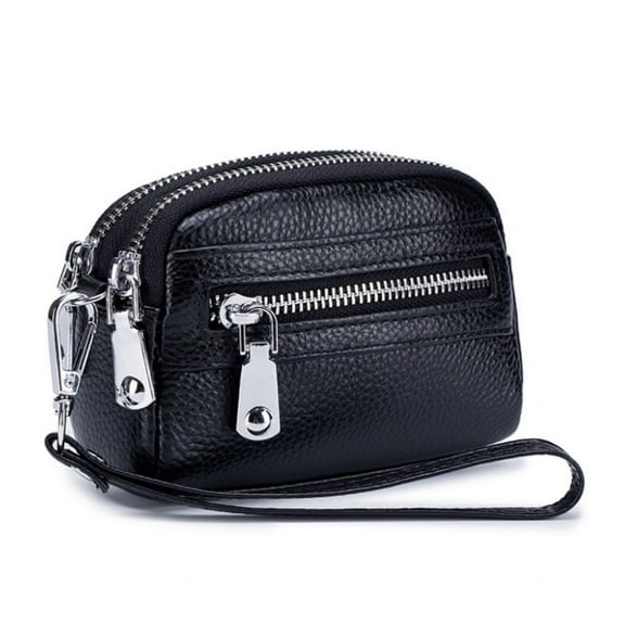 Women Genuine Leather Coin Purse Small Wristlet. 3 Zip Coin Pouch Card Holder Wallet. Soft Split Real Leather. No Credit Card Slots.