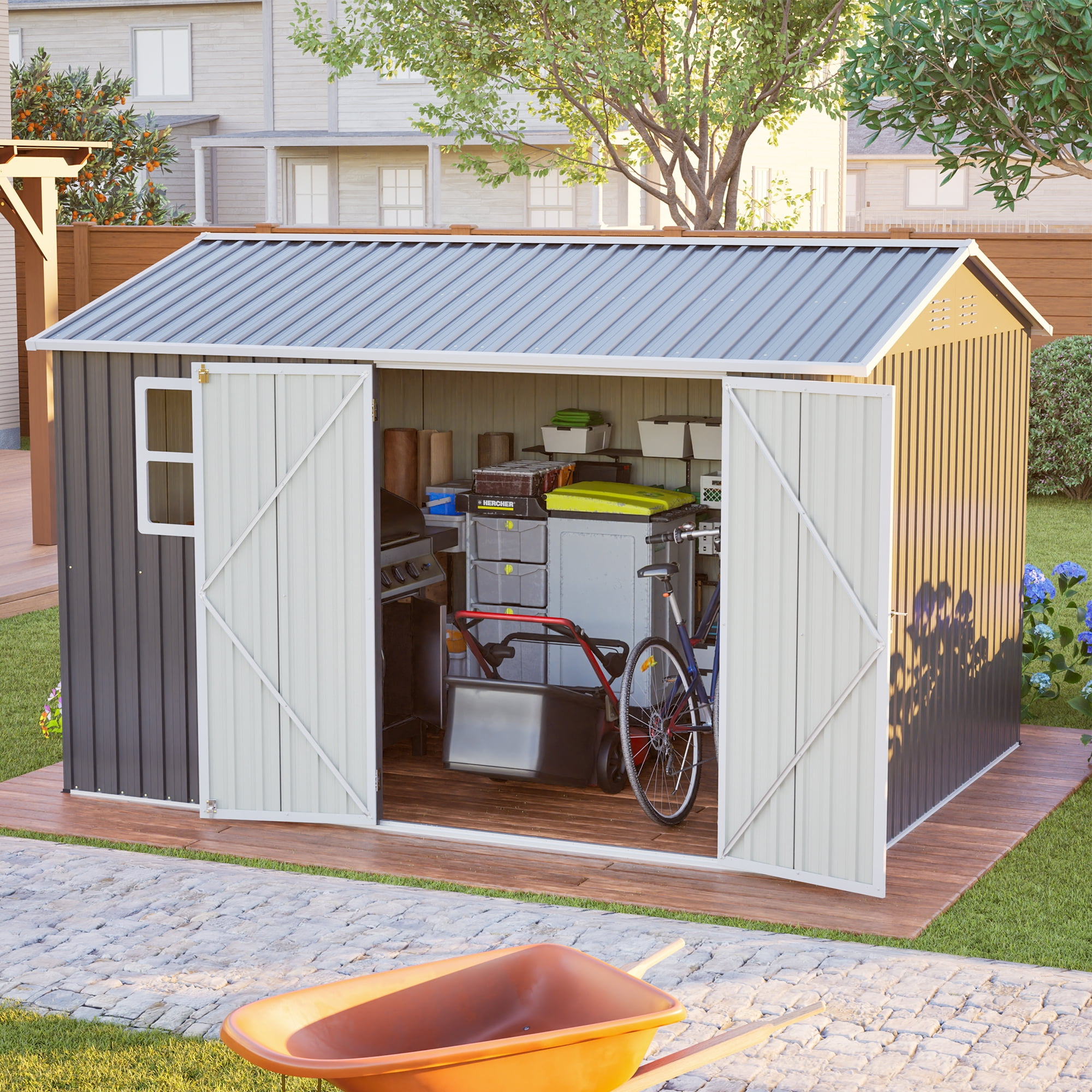 10'x8' Outdoor Storage Shed with Translucent Window, Large Metal Garden Tool Shed with Lockable Double Doors & Sloped Roof, Heavy Duty Steel Backyard Storage House for Lawn, Patio, Bike - Dark Gray