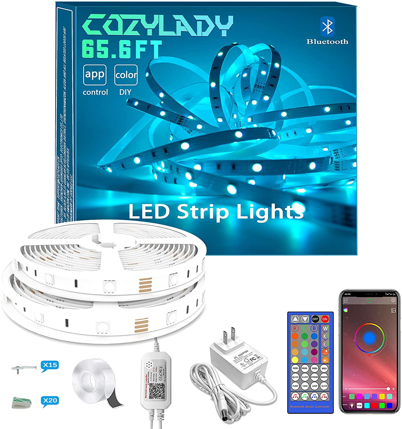 Bluetooth LED Strip Lights 65.6FT LED Light Strips Controlled by Smart Phone APP Music Sync