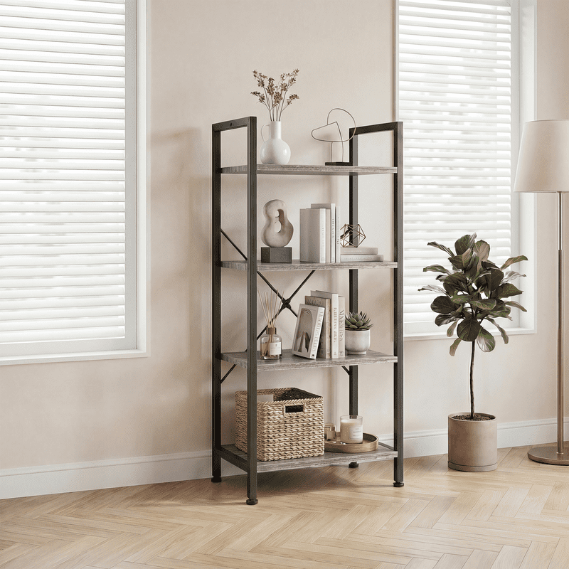 Gianna 4 Tier Bookshelf, Free Standing Shelf, Bookcase Shelf Storage Organizer, Industrial Book Shelves for Home Office, Living Room, Kitchen, Gray