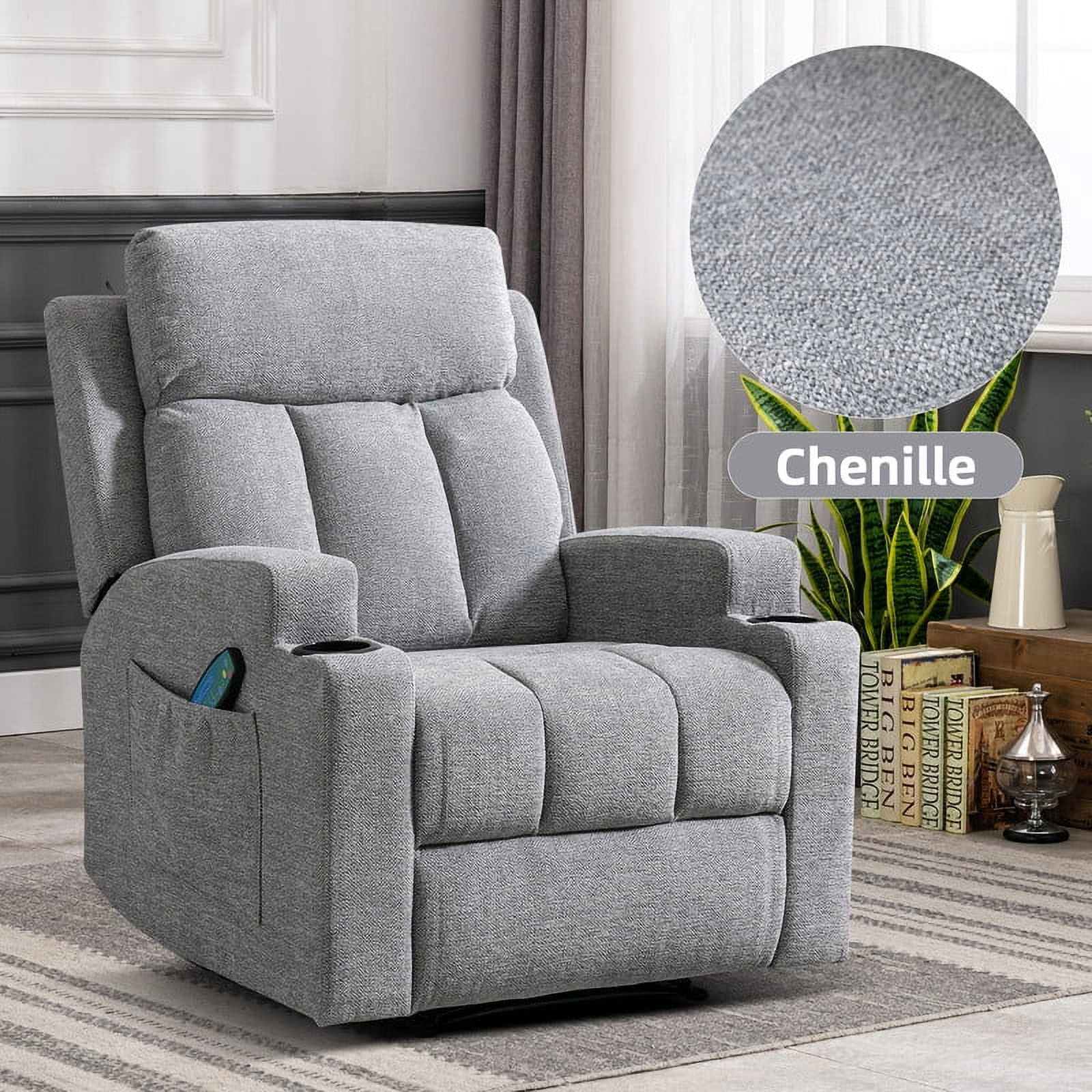 Ebello Manual Heated Massage Recliner, Soft Fabric Modern Overstuffed Recliner with Cup Holders for Living Room & Home Theater, Light Gray