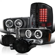 Spec-D Tuning Black Projector Headlights + LED Tail Lights + Bumper Fog Lamps Smoke Compatible with 2002-2005 Dodge Ram Left + Right Pair Headlamps Assembly