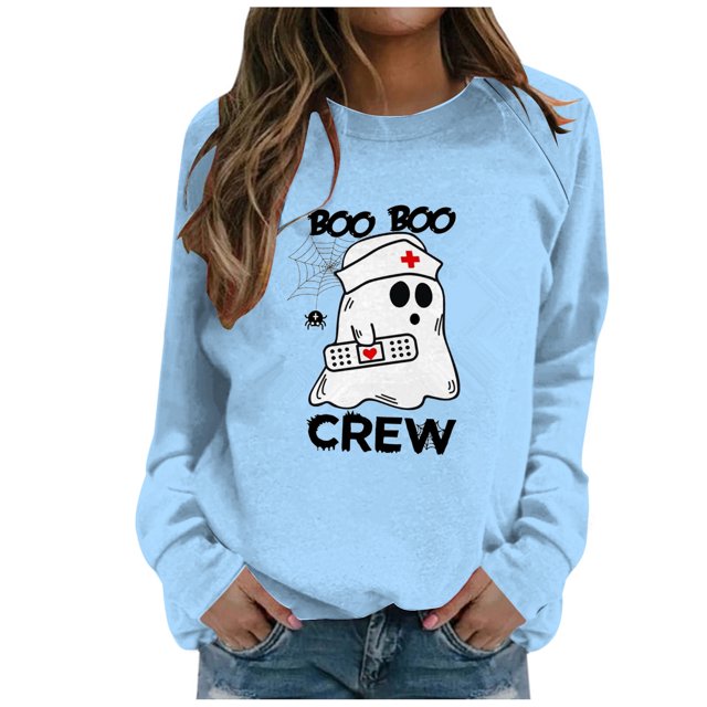 Chandail de Sport Décontracté pour Femmes à Col Rond, Manches Longues, Imprimé d'Halloween, Doux et Confortable, Tunique à Enfiler
