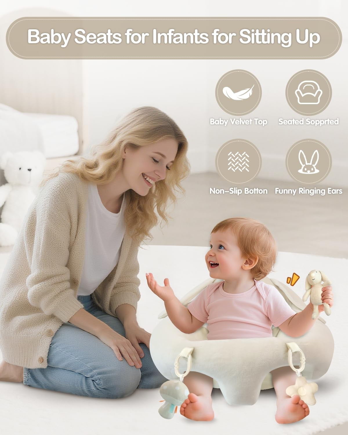 Baby Gym Play Mat, Sitting-up Babies Seats for Infants,with 5 Detachable Toys, Infant Toddler Activity Tummy Time Playmats for Newborn 0-12 Months, Beige