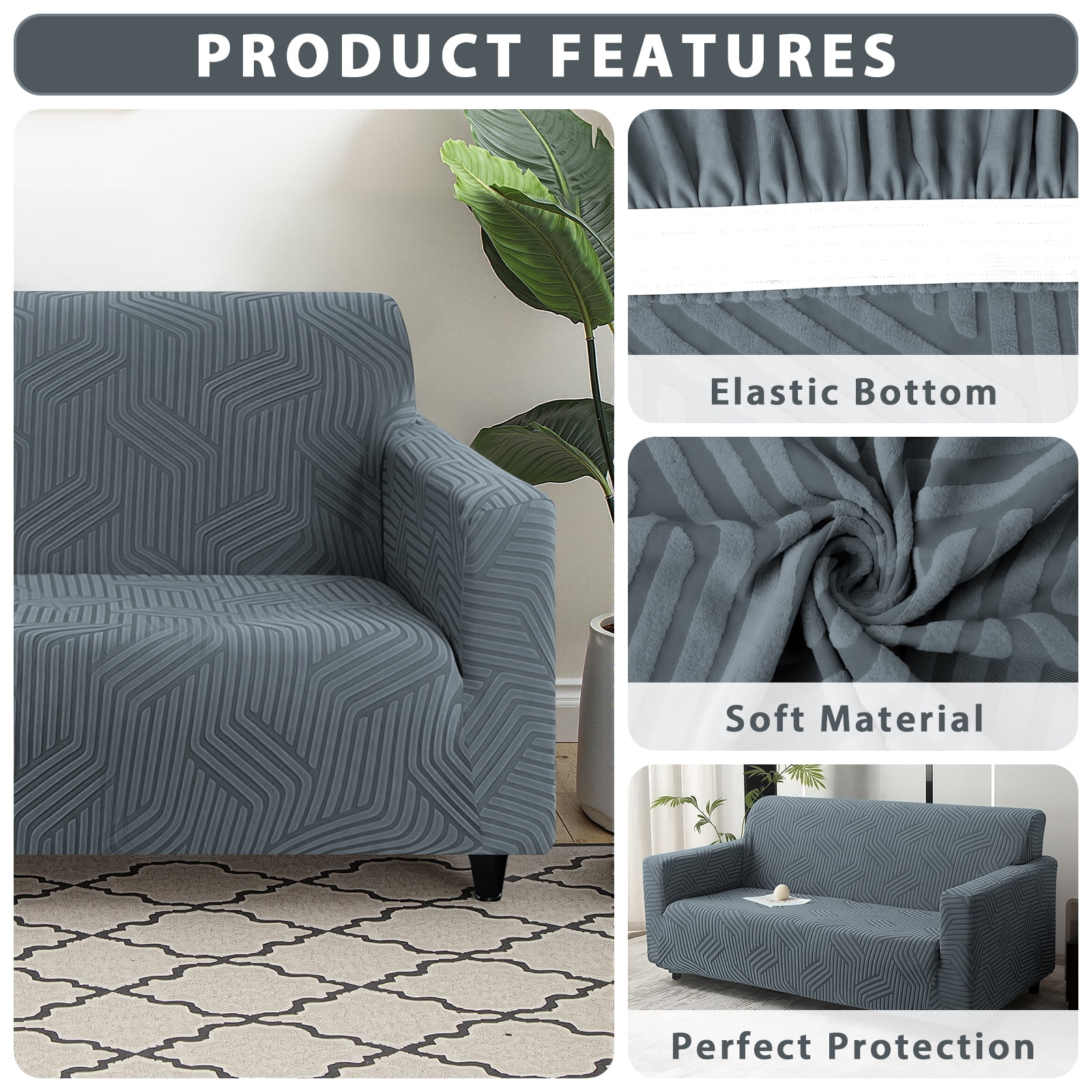 MJIAexp (91"-110") Stretch Sofa Cover Slipcover,Couch Covers for 4 Cushion Couch Sofa with sofa armrest,Pet Friendly Furniture Protector Sofa with Elastic Bottom for Kids,Jacquard lines(Charcoal)