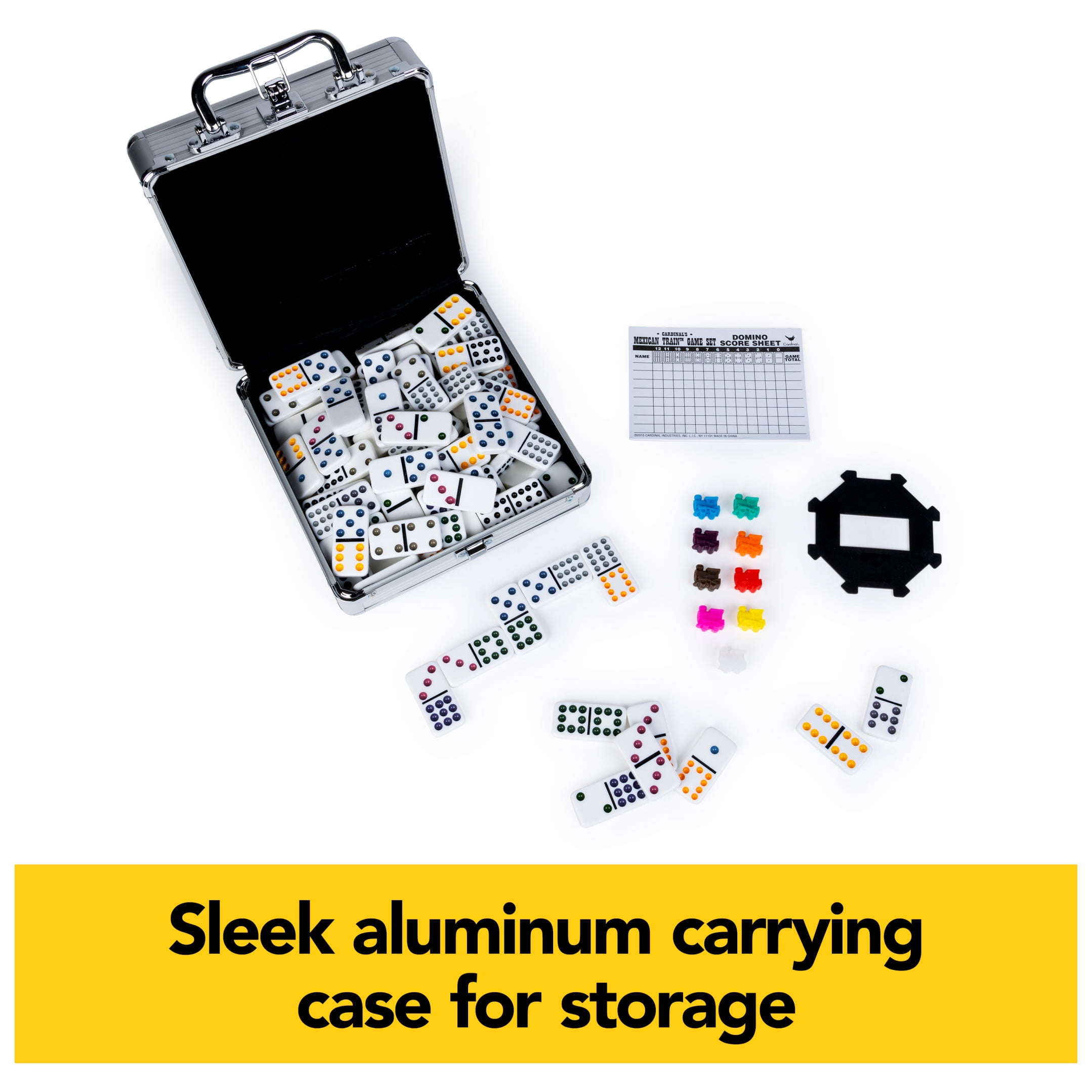 Spin Master Games, Mexican Train Dominoes Set Tile Board Game in Aluminum Carry Case Games with Colorful Trains for Family Game Night, for Adults & Kids Ages 8+