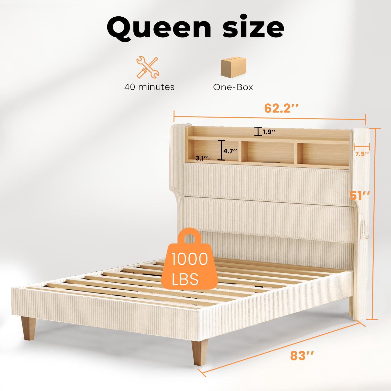 Bed Frame Queen Size with 51" Tall Headboard, LED Lights and Charging Station, Corduroy Upholstered Bed Frame Queen with Storage Shelf, No Box Spring Needed, Beige