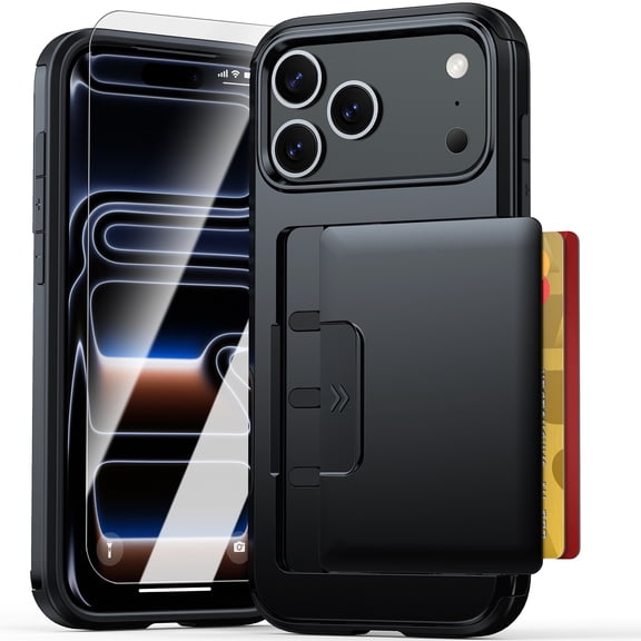 Dteck for iPhone 17 Pro Max Case with Screen Protector, Hidden Card Slot Shockproof Rugged Protective Phone Cover,Black