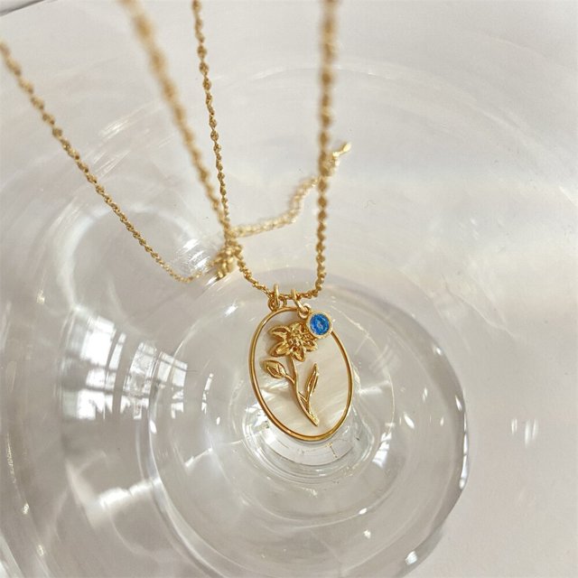 Birth Month Flower Pendant Necklace Mother Sister Gift Birthstone Charms White Natural Shell Oval Flower Necklace for Women45cm Gao Jinjia LED