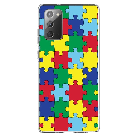 DistinctInk Clear Shockproof Hybrid Case for Galaxy Note 20 ULTRA (6.9" Screen) - TPU Bumper, Acrylic Back, Tempered Glass Screen Protector - Primary Color Puzzle Pieces Autism - Austism Awareness