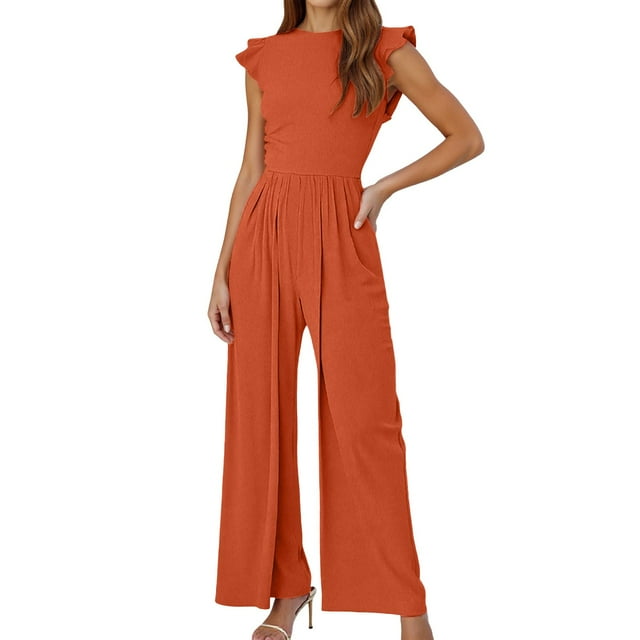 TrendOFT Womens Jumpsuits Dressy Summer Casual Knit Ruffle Cap Sleeve Solid Sleevelss Crew Neck Rib Womens Rompers One Piece Overalls Orange S
