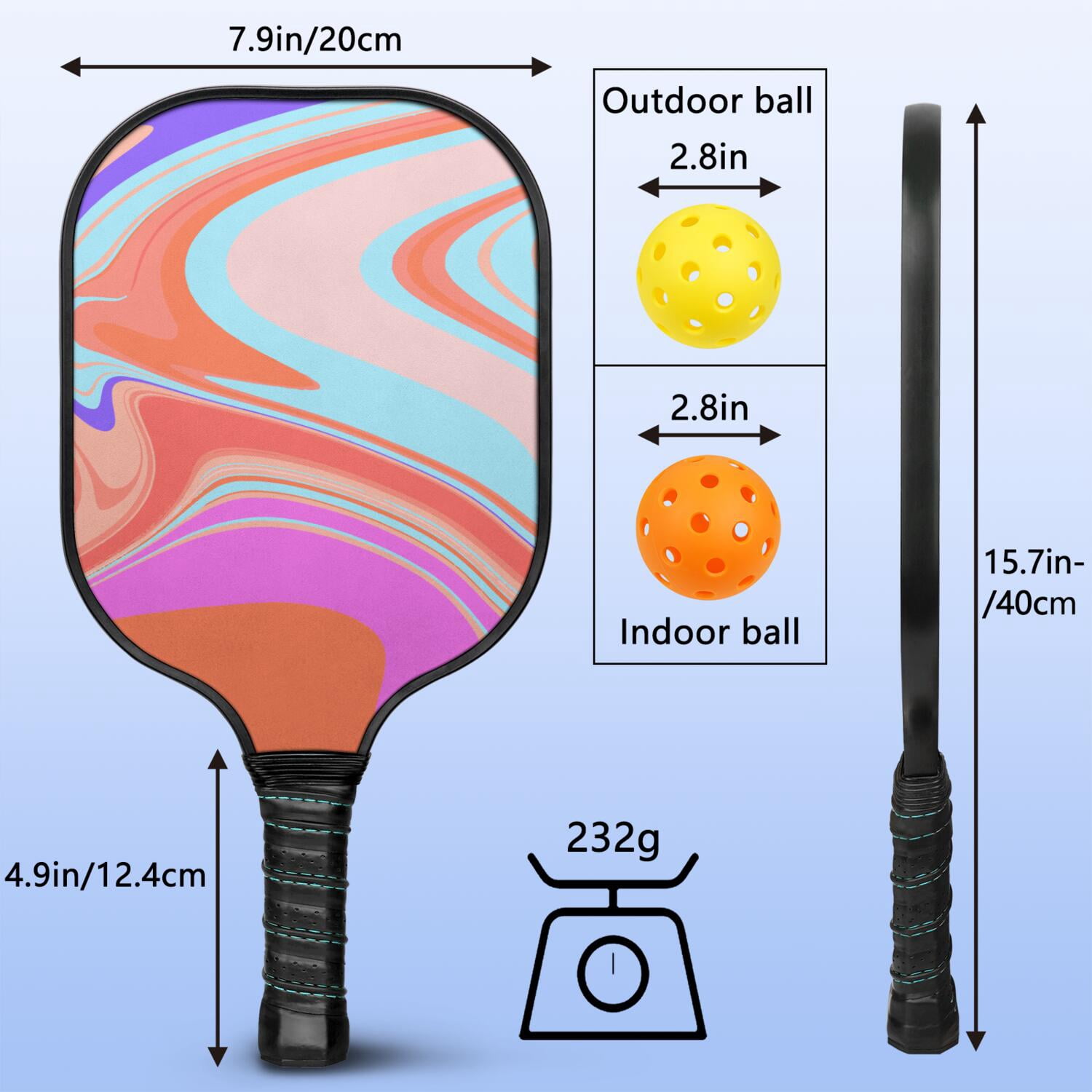Pickleball Paddles Set Of 2, Fiberglass Surface, Liquid & Marble Print, 4 Balls & Bag