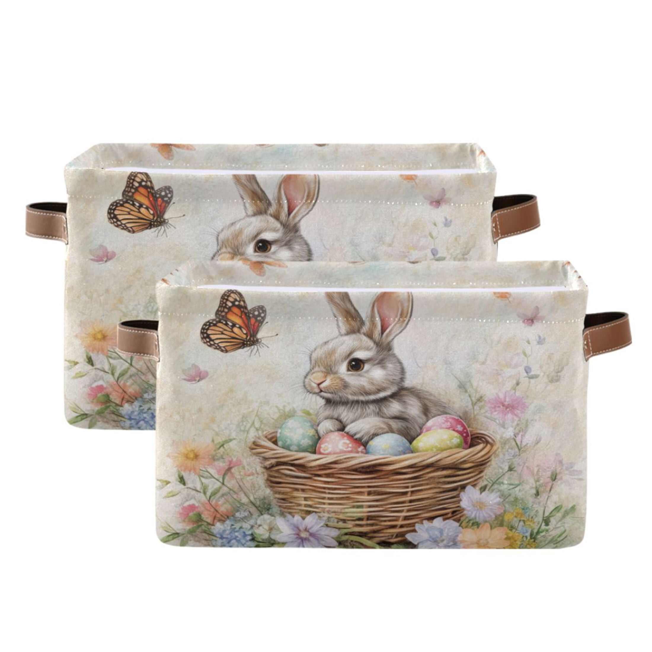 WOBOGO Gray Easter Rabbit Square Storage Basket with Waterproof Canvas and PE Lining Durable PU Leather Handles 14.2×10.2×8.3in