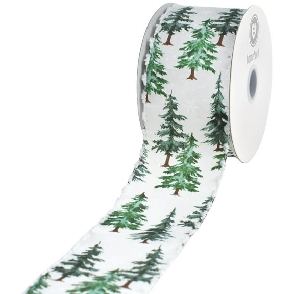 HOMEFORD Christmas Pine Trees Snowball Edge Satin Wired Ribbon, 2-1/2-inch, 10-yard, White