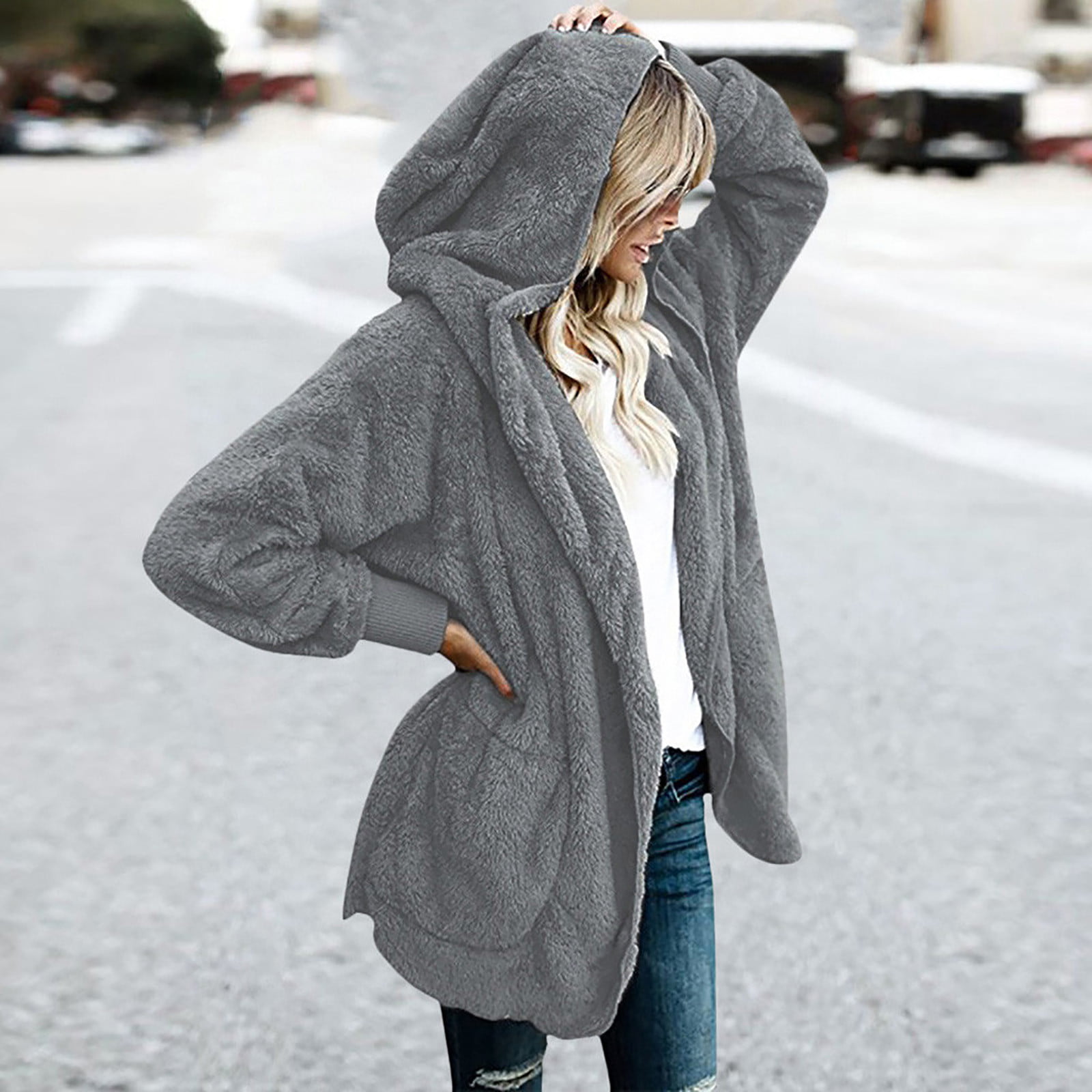 Womens Winter Fashion Cardigan Open Front Coat Solid Knit Hooded Outerwear  Casual Loose Comfy Long Coat (White Medium) : : Clothing, Shoes &  Accessories