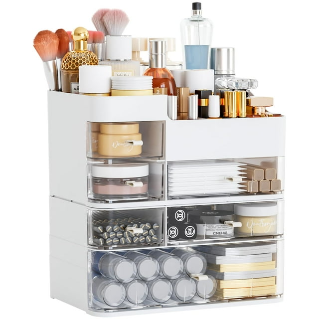 Organizador de maquillaje Cq acrílico blanco con 6 cajones de gran capacidad