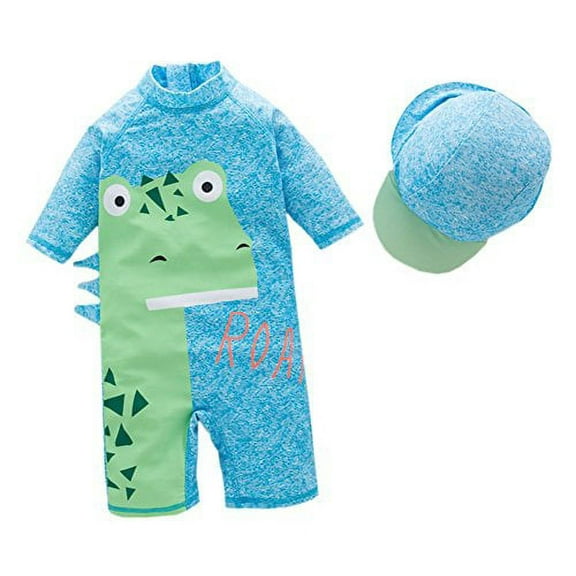stylesilove Little Boys Cute Printed One-Piece Rash Guard with Sun Hat 2 pcs Swimsuit Beach Swimwear (Dinosaur Blue, 5T)