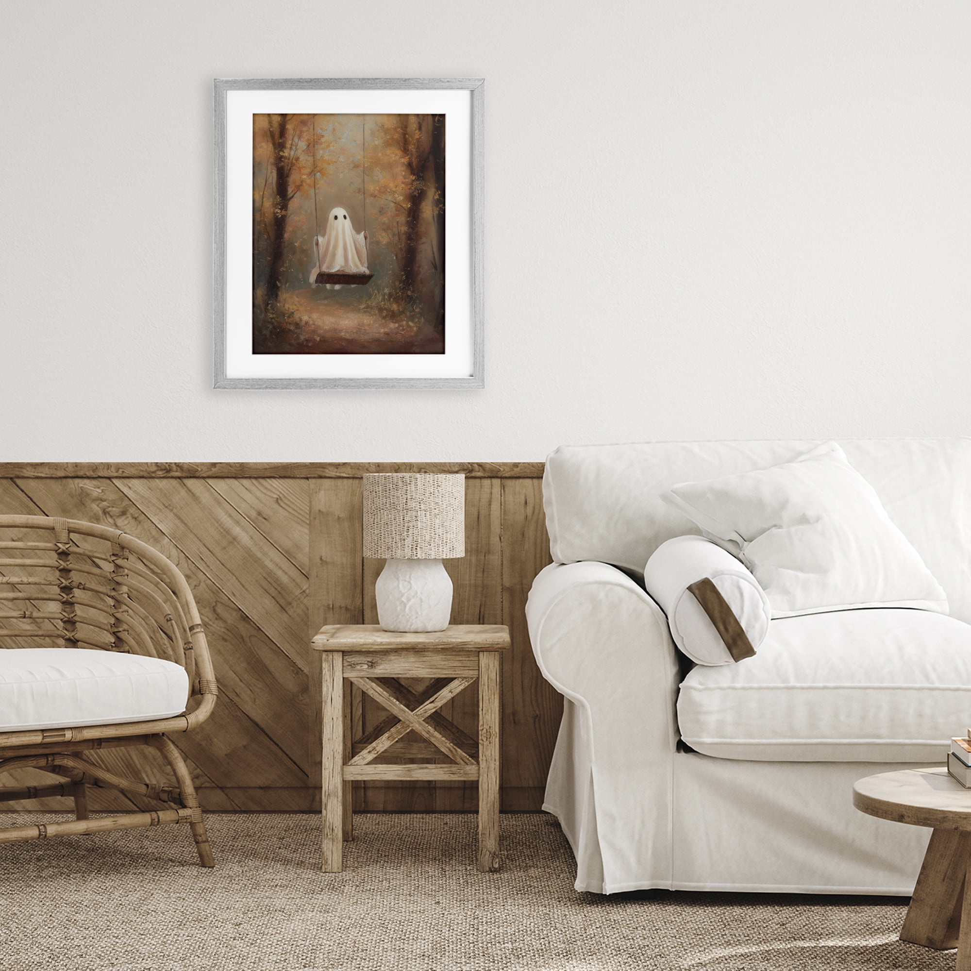 Eerie Swinging Ghost Gray Framed Print Under Glass, design by Arlington Prints