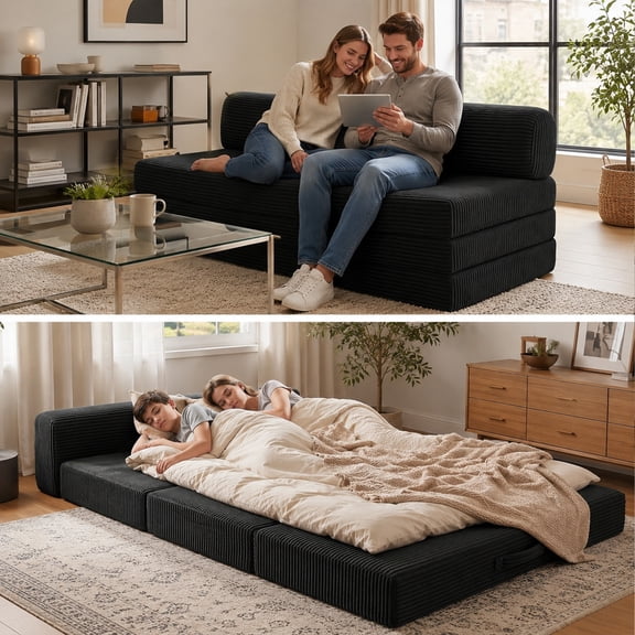 JUIKURY 5‑In‑1 Convertible Boneless Loveseat, Corduroy Sofa Bed with Washable Removable Cover, Black, 60*27*28inch