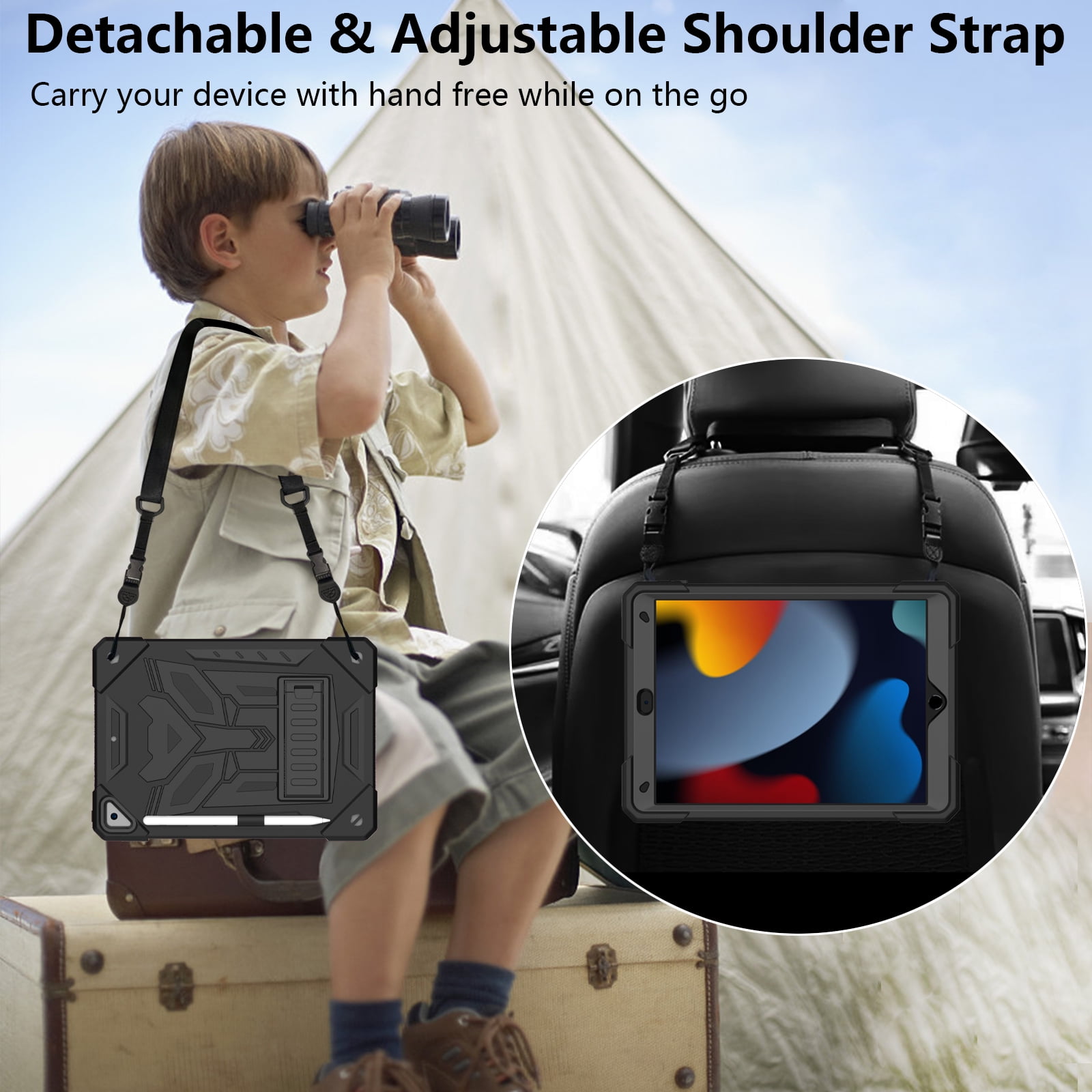 ELEHOLD Hybrid Rugged Case for iPad 9th/8th/7th Gen 10.2 2021/2020/2019, Heavy Duty Shockproof Case with Hidden Foldable Kickstand Adjustable Crossbody Shoulder Strap Pencil Holder,Black