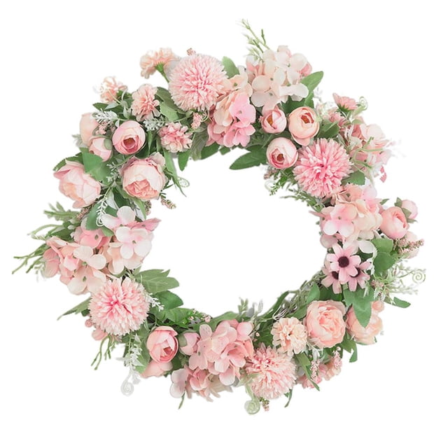 Corona de flores artificiales de peonía de 40 cm para puerta, corona de primavera redonda. Rosa claro