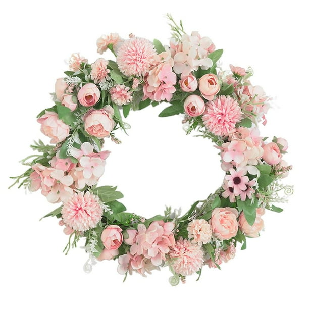 Corona de flores artificiales de rosas, coronas para puertas al aire libre, corona de primavera y verano. Rosa claro