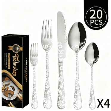 Jetcloudlive 20 Pieces Silverware Set, Stainless Steel Flatware Set for 4, Silver Mirror Polished Cutlery Utensil Set, Flower Pattern Forks and Spoons Set with Knives, Dishwasher Safe