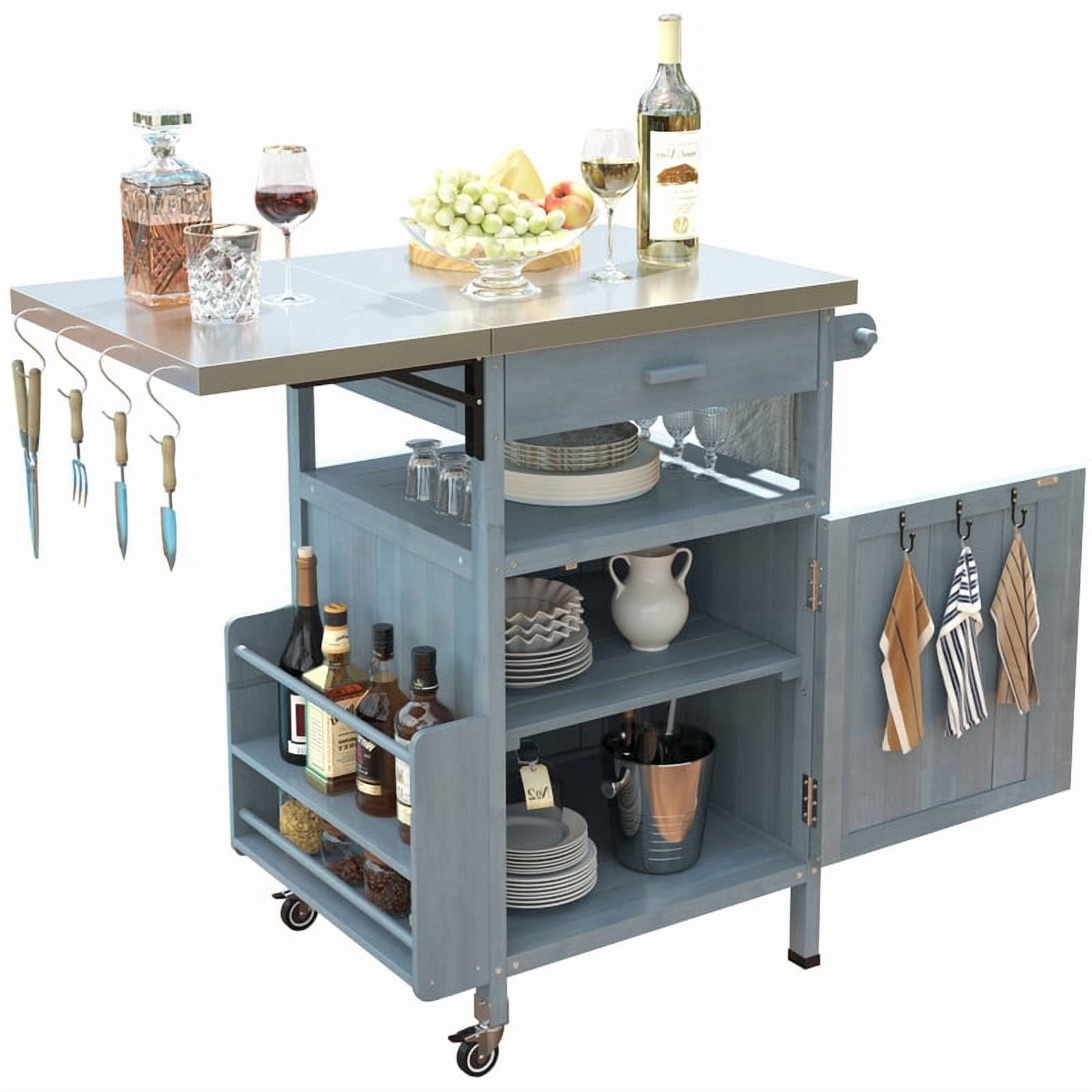 Outdoor Grill Cart with Stainless Steel Top, Wood Kitchen Island Storage Cabinet with Drop Leaf and 1 Drawer, Rolling Kitchen Cart with Lockable Wheels
