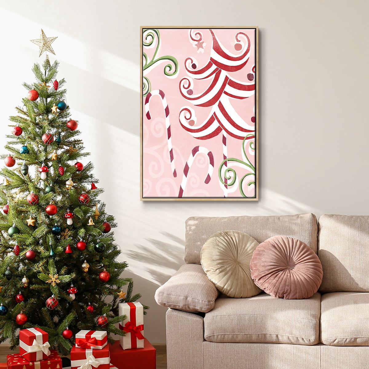 Candy Cane Holiday II - Framed Gallery Wrapped Holiday Canvas - 25 x 37 - Natural Wood Frame