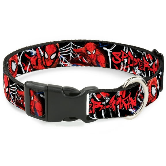 Marvel Comics Pet Collar, Dog Collar Plastic Buckle, Spider Man Poses Spider Web Sketch Black White Red, 7 to 8.5 Inches 0.5 Inch Wide