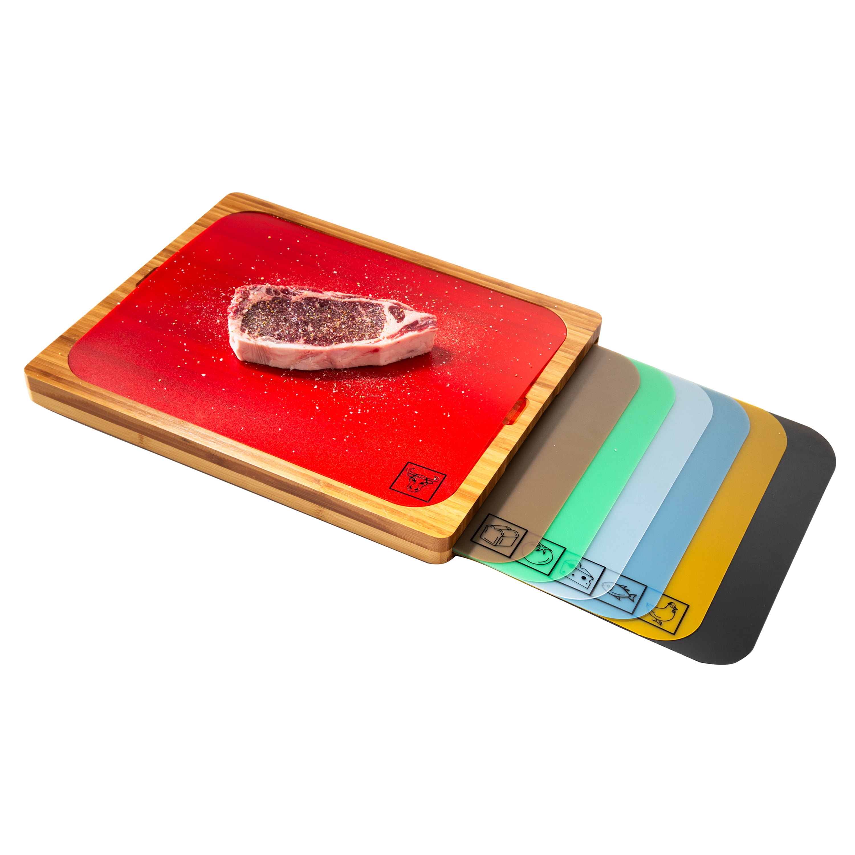 Seville Classics Bamboo Cutting Board w/ 7 Color-Coded Cutting Mats
