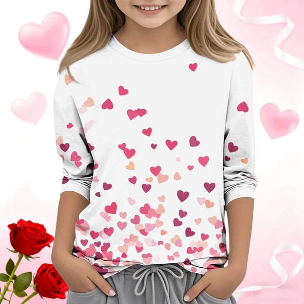 Blusas y camisas de cuello redondo y manga larga para niños, blusas/camisas de poliéster con estampado de corazones, mangas 3/4 y cuello redondo, elegantes e informales.