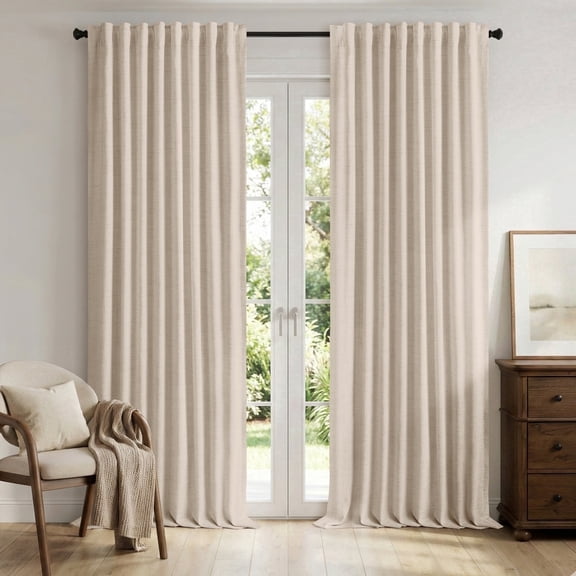 KoshiMe Faux Linen 100% Blackout Curtains for Living Room Bedroom,84 Inch Long Thermal Insulated Back Tab Window Curtains,Oatmeal