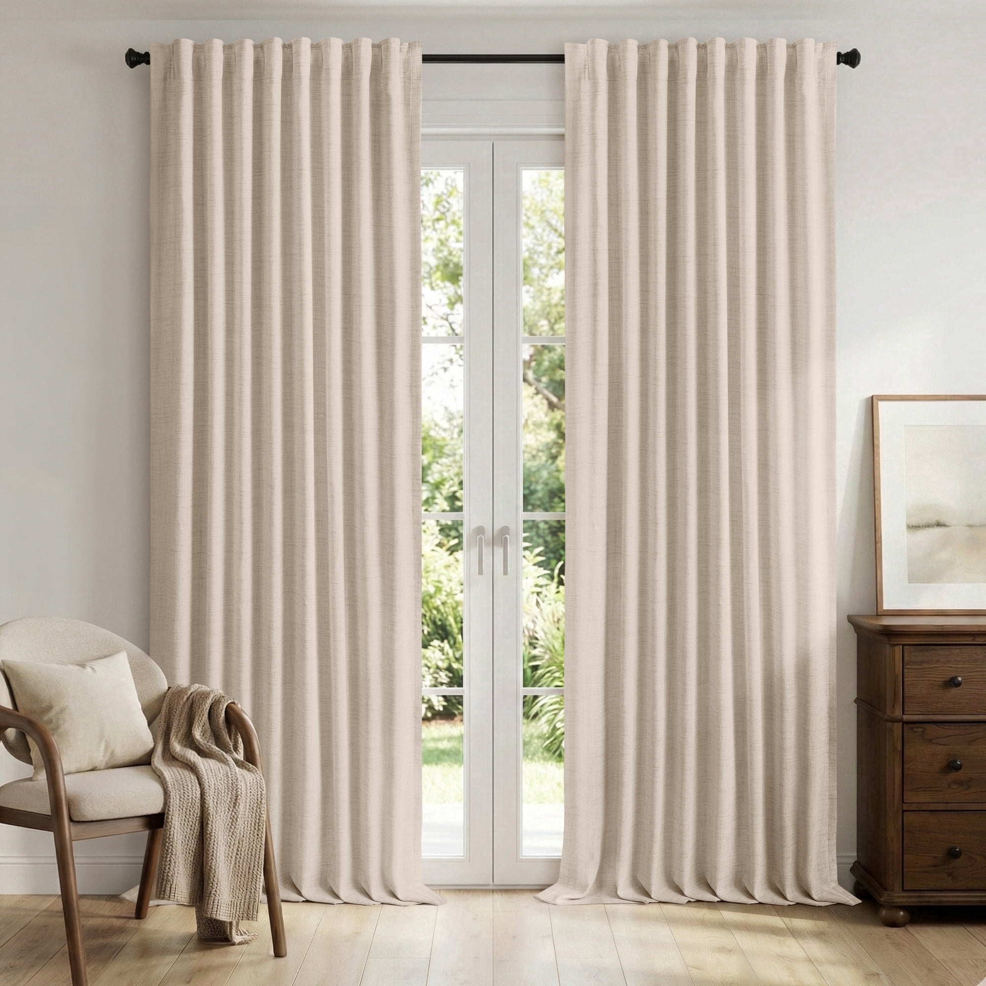KoshiMe Faux Linen 100% Blackout Curtains for Living Room Bedroom,84 Inch Long Thermal Insulated Back Tab Window Curtains,Oatmeal