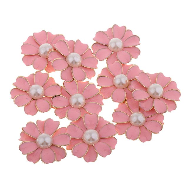 10 Uds. de imitación para coser con plano, accesorios cristal para bricolaje , rosa + perla, 32x32x5mm BLESIY flor de la perla de espalda plana