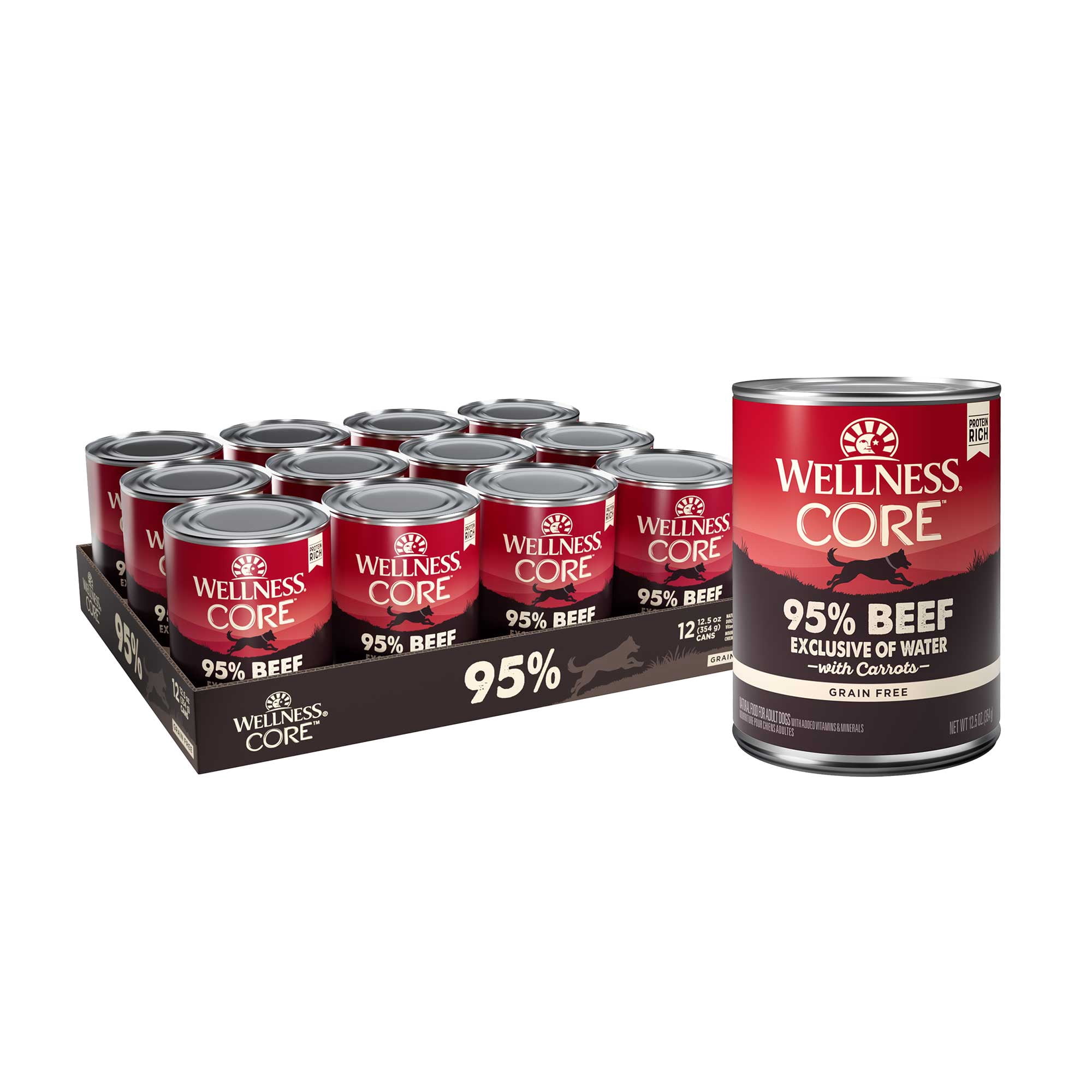 Wellness CORE 95% Adult Canned Wet Dog Food, Grain Free, Natural, Beef with Carrots Recipe, 12.5 oz, Pack of 12 Cans