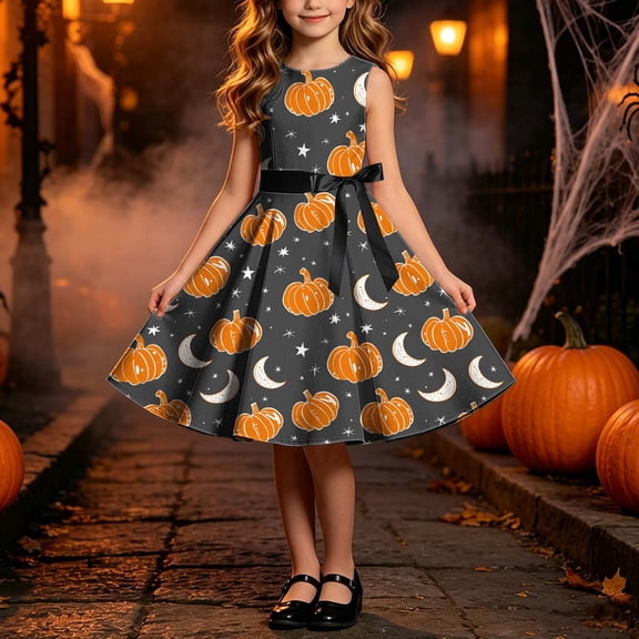 Girls Halloween Printed Dress Crew Neck Sleeveless Belted Back Zipper Costume Kids Trendy Casual A-Line Swing Dress Orange 01 7-8 Years
