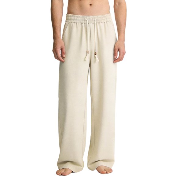 LEKWK Linen Pants Men Baggy Fit Elastic Drawstring Waist Trousers with Pockets Lightweight Loose Fit Casual Wide Leg Pants Summer Beach Vacation Outfits