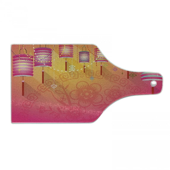 Lantern Cutting Board, Abstract Eastern New Year Festivities Handmade Cultures China Floral Background, Decorative Tempered Glass Cutting and Serving Board, Wine Bottle Shape, Fuchsia, by Ambesonne
