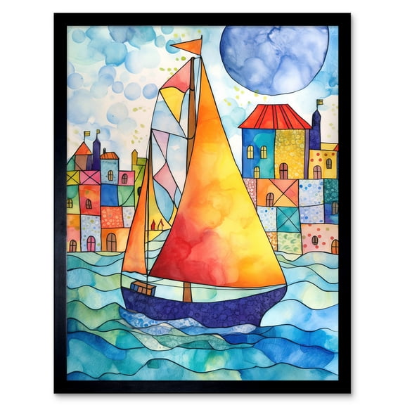Sailboat By Harbour Folk Art Art Print Framed Poster Wall Decor 12x16 inch