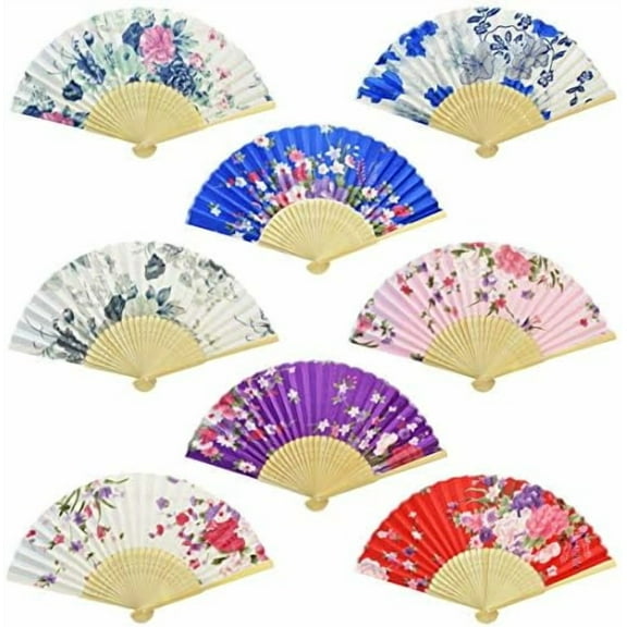 8Pcs Floral Folding Hand Fan - Japanese Vintage Retro Style With Wooden Ribs for Dancing, Wedding, Party Decor (Random Color, Chinese Style)$$Home Decor, Kitchen, & Other