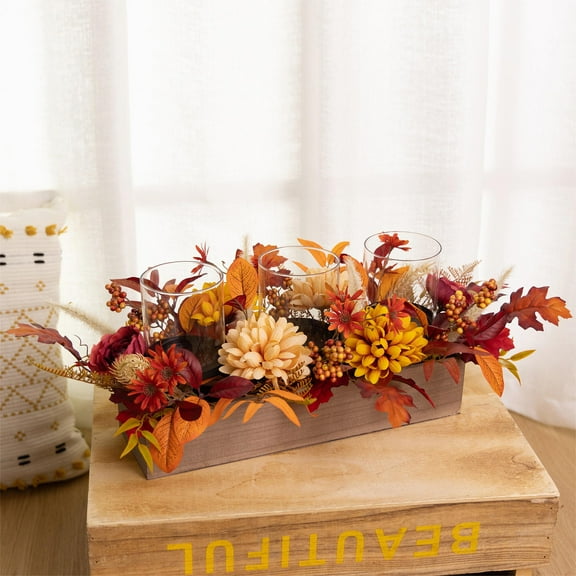Mainstays 18" Wide Fall Floral and Leaf Pillar Centerpiece Candle Holder