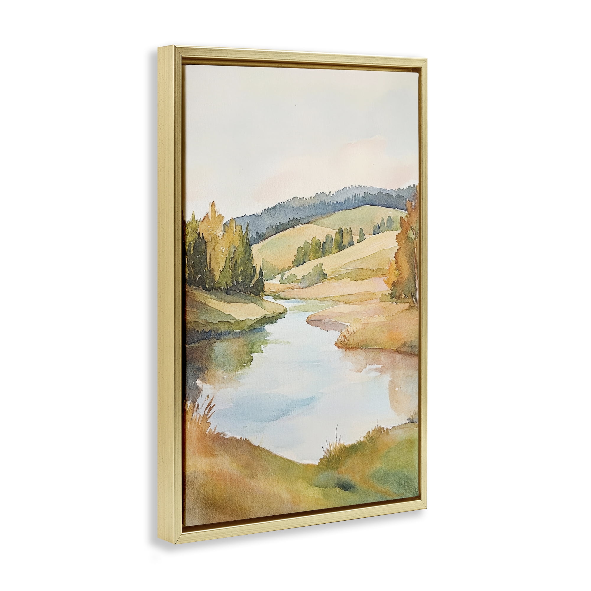 Stupell Industries Serene Watercolor Lake Escape Gold Framed Floater Canvas Wall Art, design by Petal Prints Design