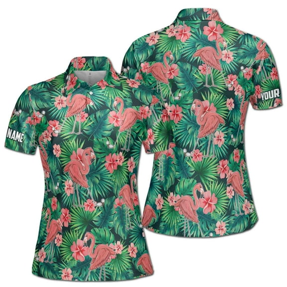 Customize Name Floral Tropical Flamingo Golfing Women's Polo Shirt S-5XL
