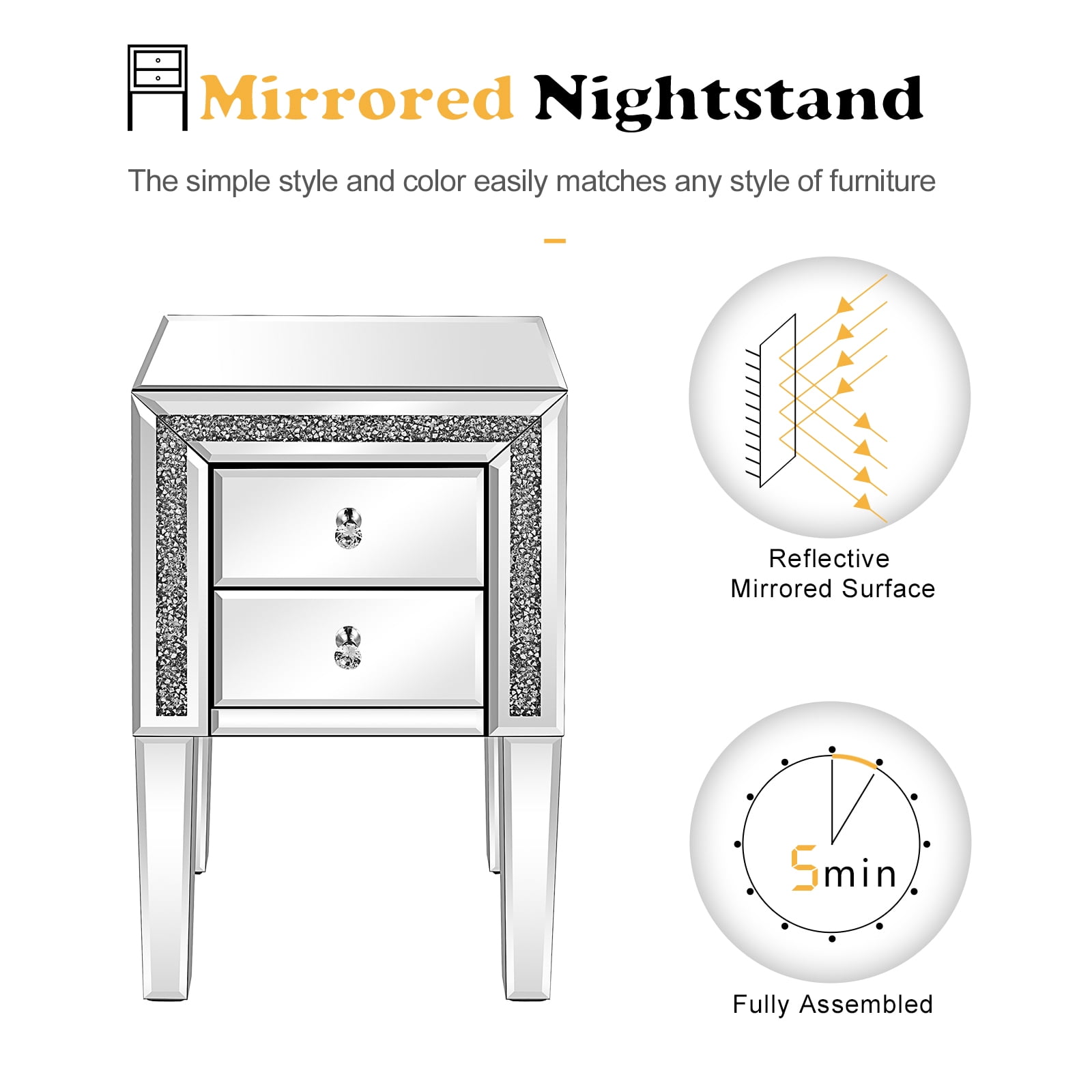 2-Drawer MDF Bedside Table with Mirror Finish, Silver, 16.2 x 13 x 24.8 in