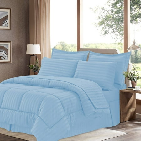 Light 8 Piece Collection - Sweet Home Collection 8 Piece Bed In A Bag with Dobby Stripe Comforter, Sheet Set, Bed Skirt, and Sham Set - King - Light Blue