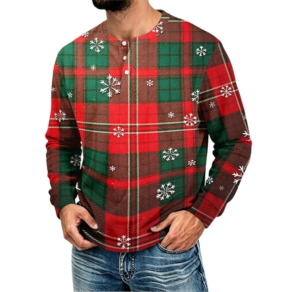 YNGKMEA Men's Christmas Henley Long Sleeve Shirts Classic 3-Button Casual Stylish T-Shirts Graphic Pullover Shirt